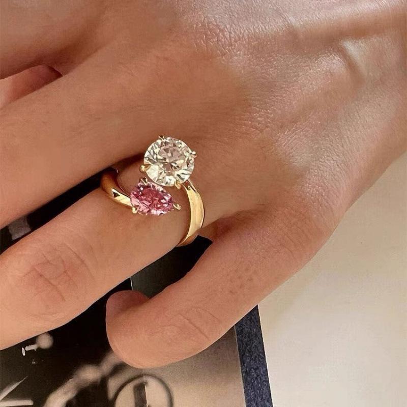 Trendy Water Drop Pink Diamond Open Ring: Stylish, Sweet Design for Women Adjustable Open Size