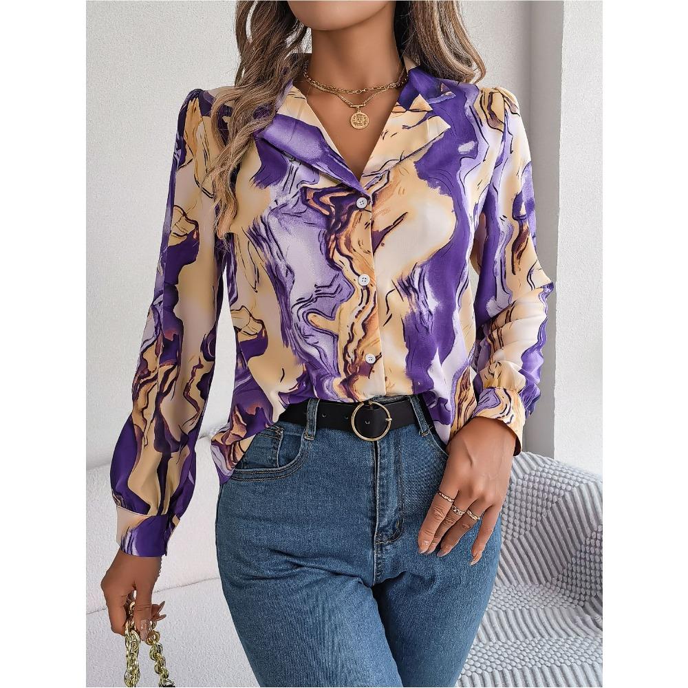 Autumn Winter Contrasting Color Shirts Women 2025 Casual Notched Long Sleeve Single Breasted Blouse Elegant Office Lady Clothes