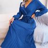 Fashion Soft Comfortable Spring Autumn Women Elegant V Neck Long Sleeve Pleated Maxi Dress Red Blue Casual Green Black Soild Color