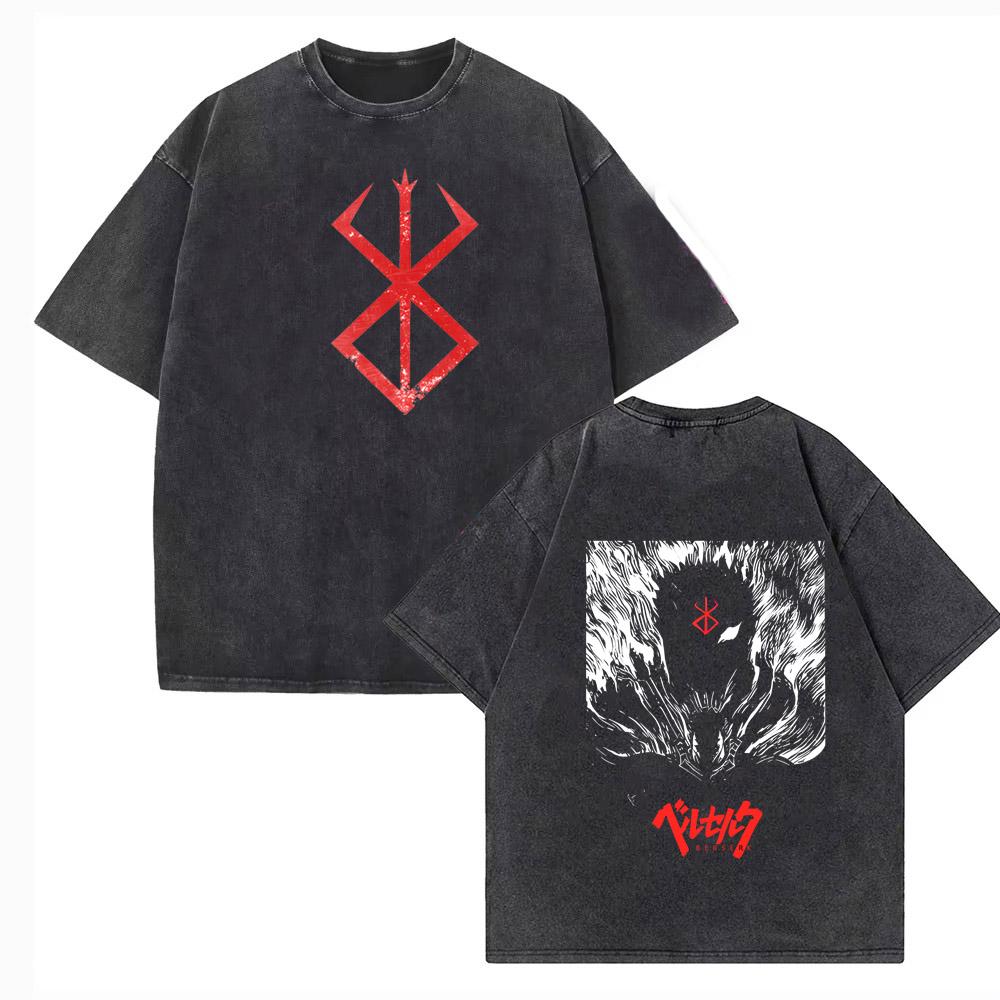 Unisex Anime Berserk Logo Graphic Printed T Shirt Men Women Vintage Manga T-shirts Washed Cotton Tshirt Harajuku Male Tee