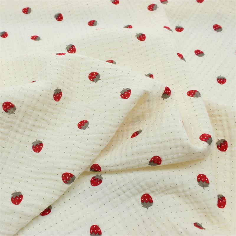 0.5m/1m/2m Soft Khaki Strawberry Print Double Crepe Gauze Fabric 100% Cotton Fabric DIY Sewing Clothing Baby Breathable Texture