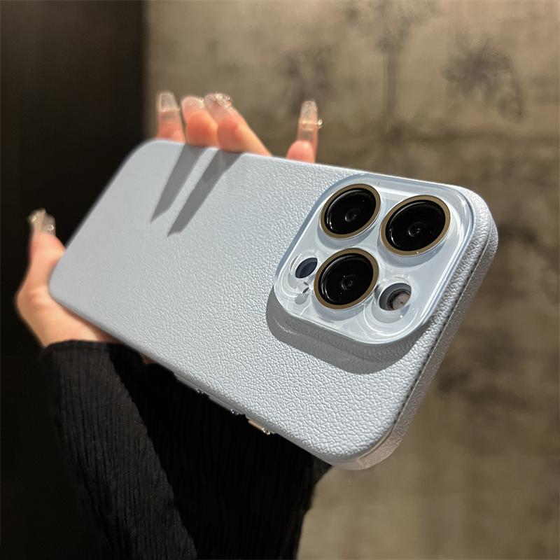 Crystal Glass Lens Protection Lychee Textured Leather Case for iPhone 15 Pro Max 14 13 12 Shockproof Protection Hard PC Cover