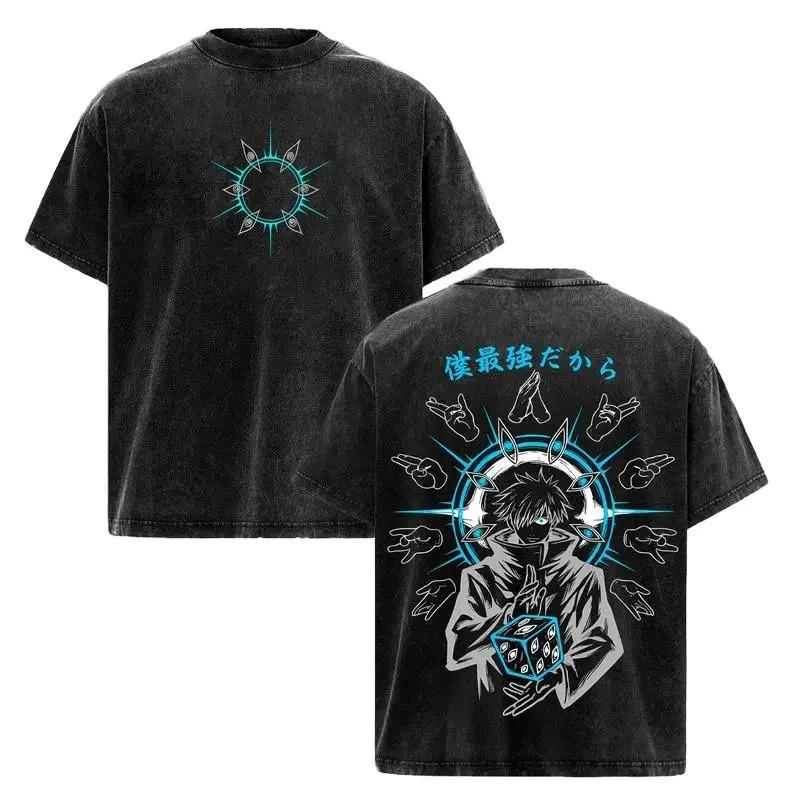 Jujutsu Kaisen Satoru Gojo Vintage Wash Oversize T-Shirt, Unisex Anime Fan Streetwear Tee, 100% Baumwolle Lässiges Kurzarm-Oberteil