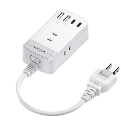Mscien Short 20cm Extension Cord with Switch, Power Strip with USB Outlet, 3 AC Outlets (2 USB-C, 2 USB-A), Surge Protection, Compact, Stylish, White.