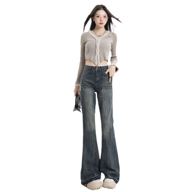 American High-Waisted Women's Micro-Flare Jeans, Autumn 2023: Slimming Petite Style with Frayed Hem