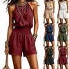 Macacão Feminino Sem Mangas com Gola Halter Costas Abertas e Cintura com Amarração Casual de Verão Curto Leve