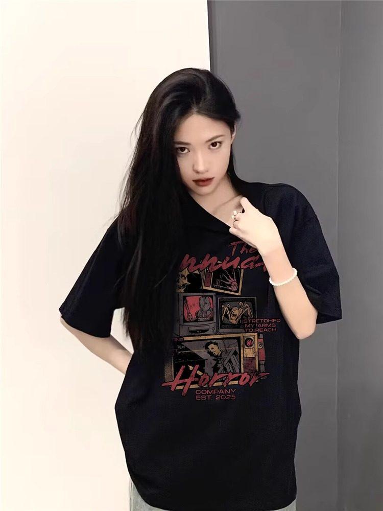 Women's Black Plus Size Short Sleeve T-shirt - Loose Summer Style, Half Sleeve, Trendy American High Street Fashion.