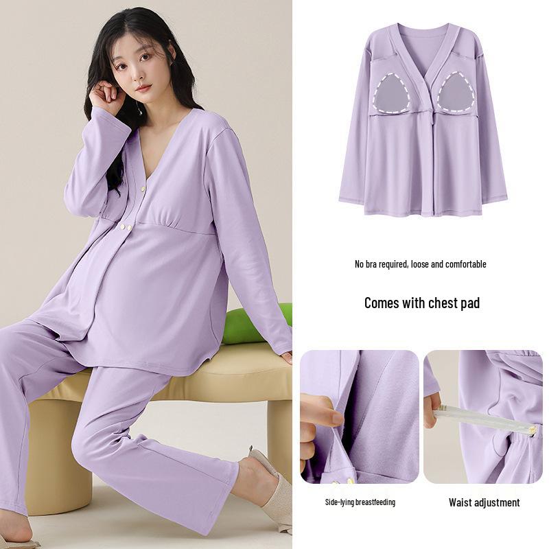Autumn Pure Cotton Maternity Pajamas with Breast Pads - Perfect for Postpartum and Breastfeeding