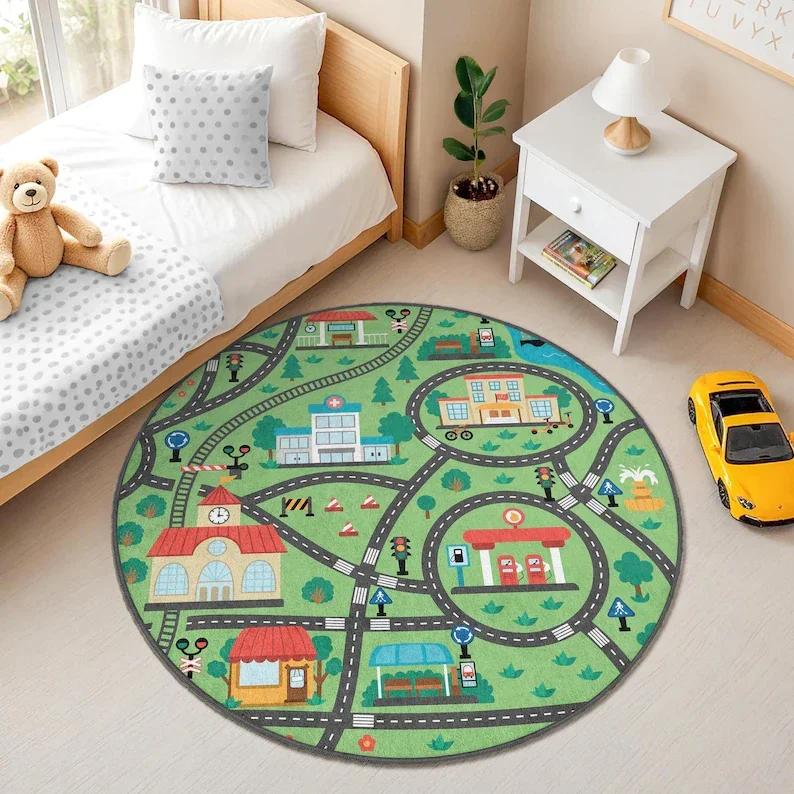 Track Toddler Room Round Rug White Race Car Circle Carpet Chequered Daycare Rug Driving Racing Boy Washable Circular Playmat