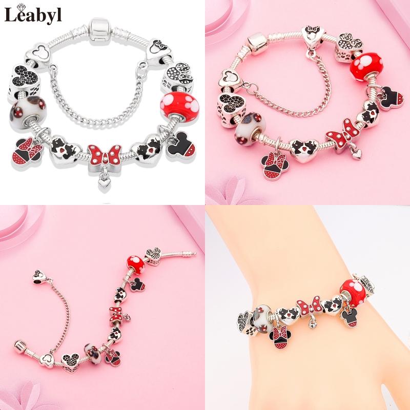 Potdemiel Pink Enamel Crystal Minnie Charm Bracelets Silver Color Heart Cartoon Bead Jewelry for Women Girl Gift