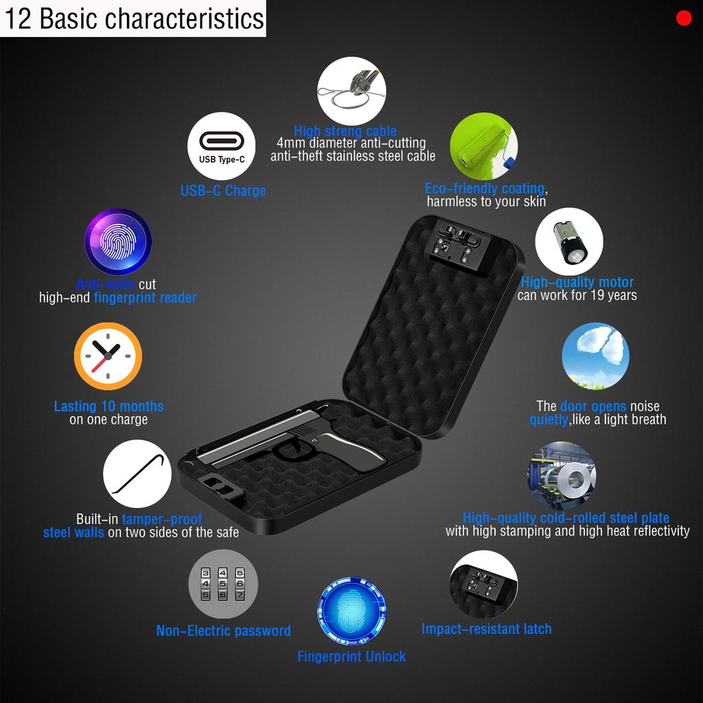 Tragbarer Fingerabdruck-Passwort-Safe Fingerabdruck-Pistolensafe Mini-Pistole-Waffensafe mit Stahlseil Auto-Mini-Diebstahlschutzsafe