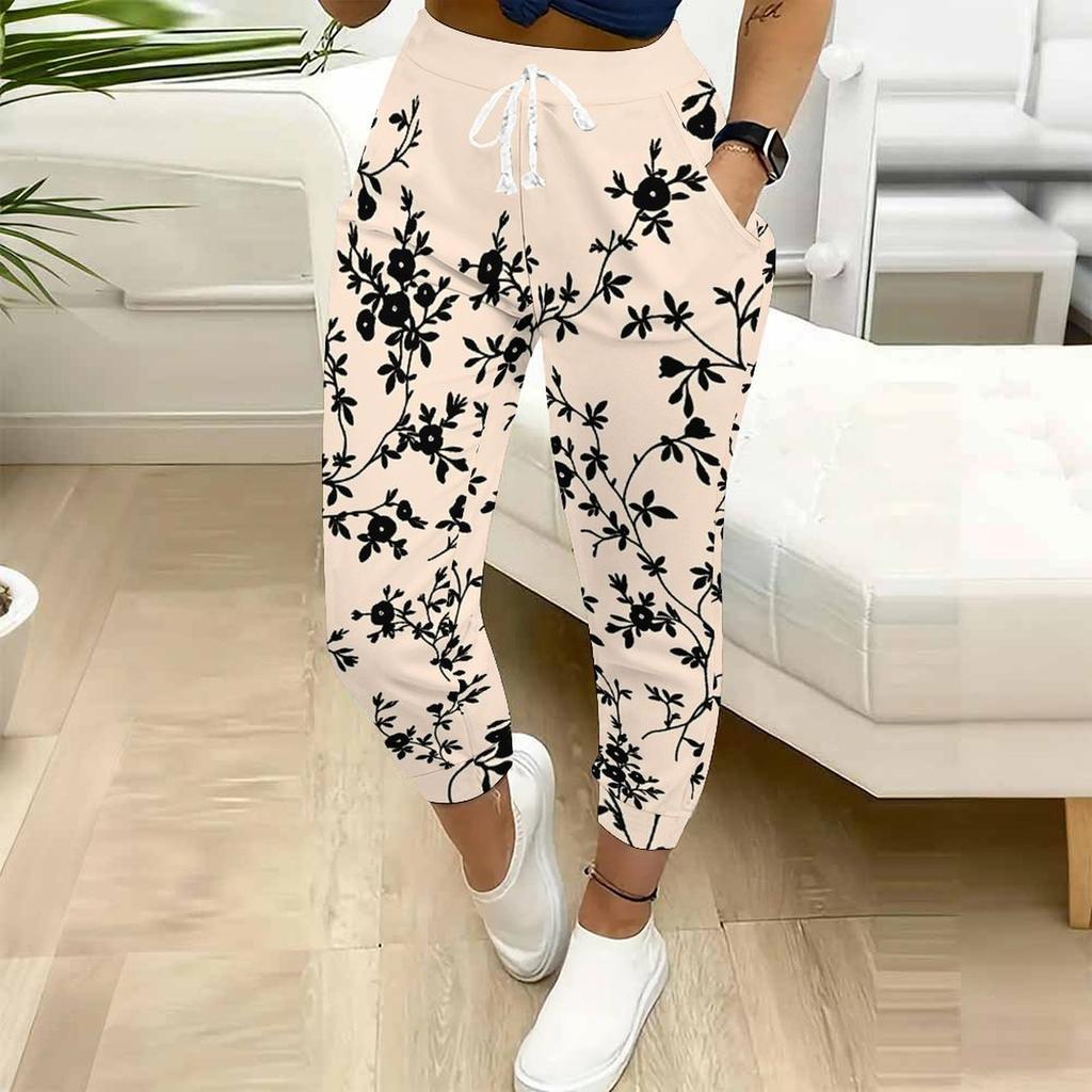 Summer Ladies Solid Color Casual Printed Sweatpants Loose Fit Drawstring Joggers Elastic Cuff Daily Casual Pants