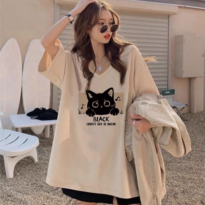 American Retro Hot Girl Top 2024 New plus Size Pure Cotton V-ne T-irt Women's INS Summer round Ne Casual ort Sve