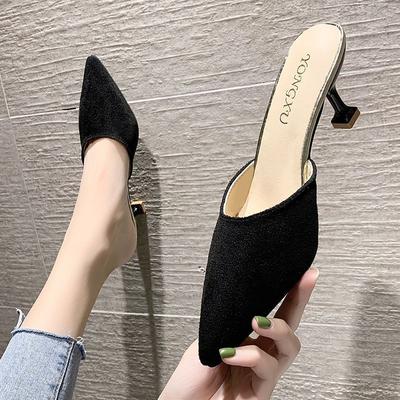 Cool Slippers Women's 2025 New Summer Fashion Outer Wear Medium Heel Thin Heel Pointed Head Bag Head Half Drag High Heel Single Shoes Ins