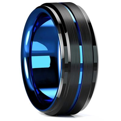 Fashion 8mm Stainless Steel Rings For Men Women Blue Groove Step Edge Black Brushed Engagement Rings Wedding Anniversary Jewelry