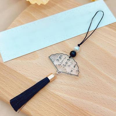 Chinese Style Ink Calligraphy Butterfly Fan Pendants Mobile Phone Chain Anti Lost Lanyard Vintage Keychain Bag Pendant Gifts