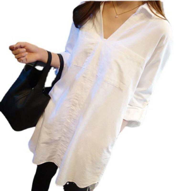 Mid-length White Shirt V-neck Women's Loose Long-sleeved Lazy Chic Shirt