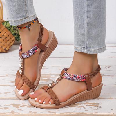 Dámské boty Letní Plochý Klínek Kamínky Elastický Zadní Pásek Gladiator Sandály Žena Pohodlné Protiskluzové Plážové Dámské Sandály