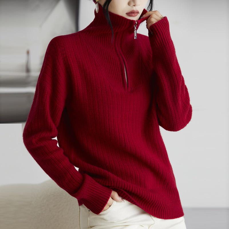 Women's 100% Wool Half-Zip Sweater - Thickened Lapel, Autumn/Winter, Loose Fit Sweater Top.