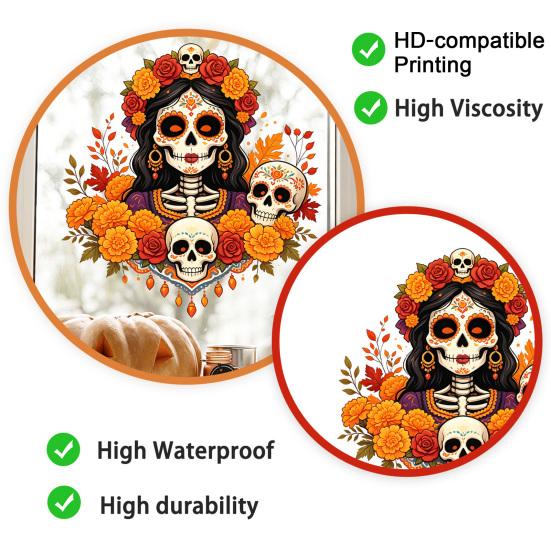 Unique Gift for Mexican Culture Fans Day of The Dead Window Clings, Dia De Los Muertos Sticker, Colorful Decorative Film Parties Sugar Skull