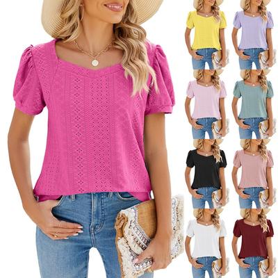 Dámske letné štvorcový výstrih jednofarebné krátky rukáv patchwork ležérne tričko top
