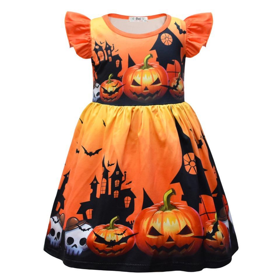 European And American Children'S Skirts Halloween Horror Night Children'S Dresses Short Ruffle Sleeves Girls Clothes Round Neck Evening Dresses