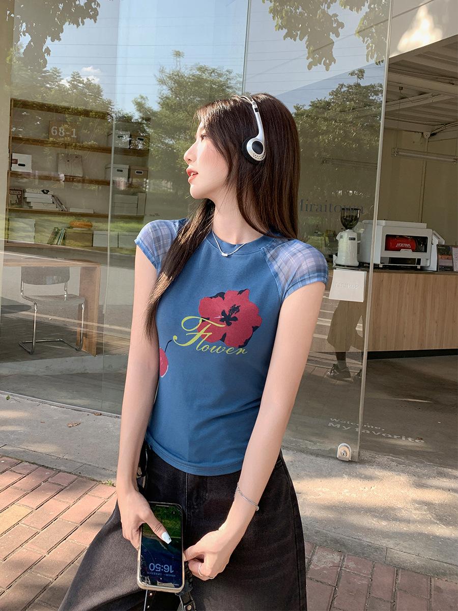 

Pure desire printing mesh stitching front shoulder short-sleeved women s T-shirt new dopamine wear slim and thin top S
