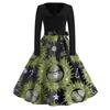 Women's Fashion V-neck Casual Slim-fit Christmas Print Long-sleeved Dress