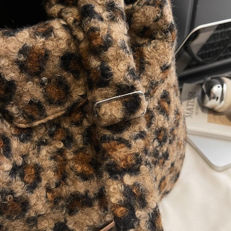 Leopard Print Fur Bag Women's Shoulder Crossbody Bag Vintage Tote Bag