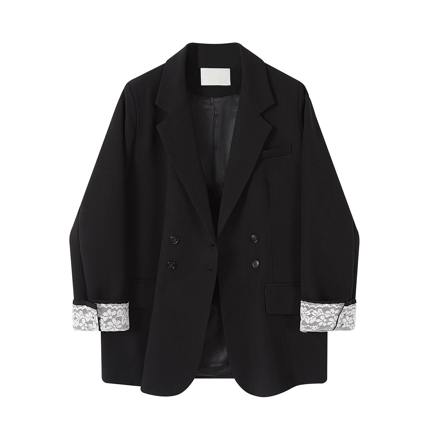 Серый Черный Пиджак Женский Пиджак Весна Осень Кружевная Пэчворк Длинный Рукав Костюмный Дизайн Офисный Женский Пиджак Пальто XL чёрный