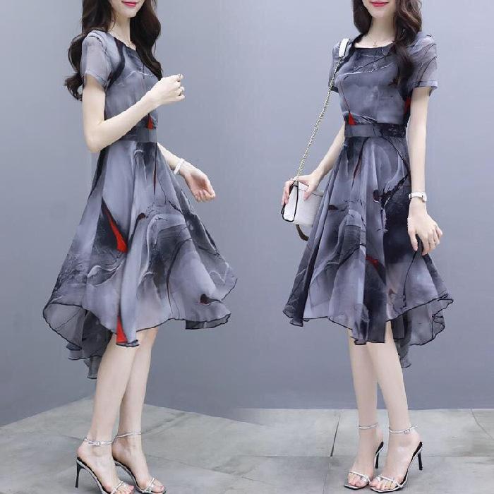 2026 Summer New Dress Women's Short-sleeved Korean Version Slim and Thin Printed Imitation Chiffon Dovetail Skirt Fairy Skirt