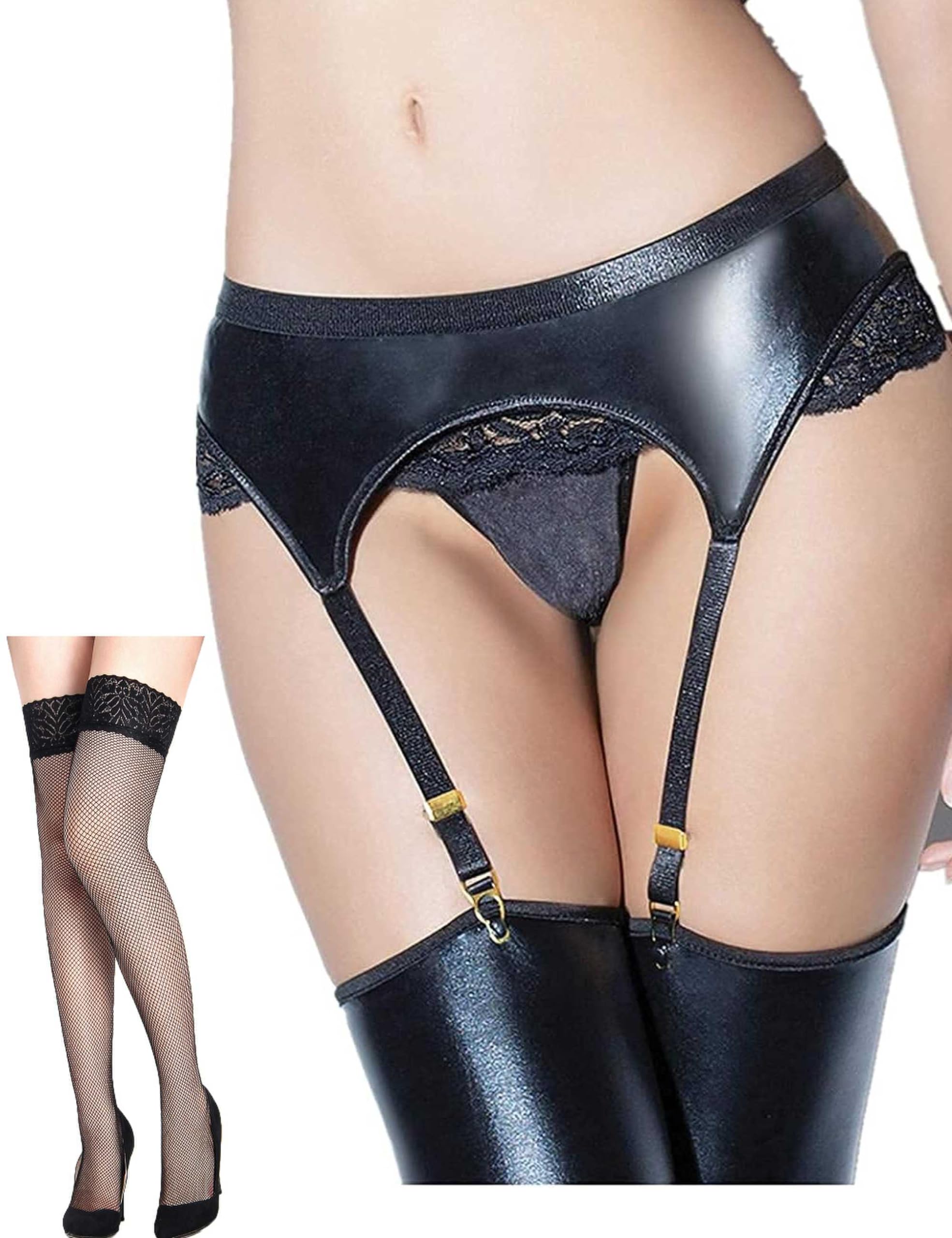 

Кожаный кружевной пояс для чулок Черные чулки с подвязками 4 подвязки Комплект пояса для чулок Регулируемый пояс Нижнее белье Большой размер [ohyeahlady] Женские стринги