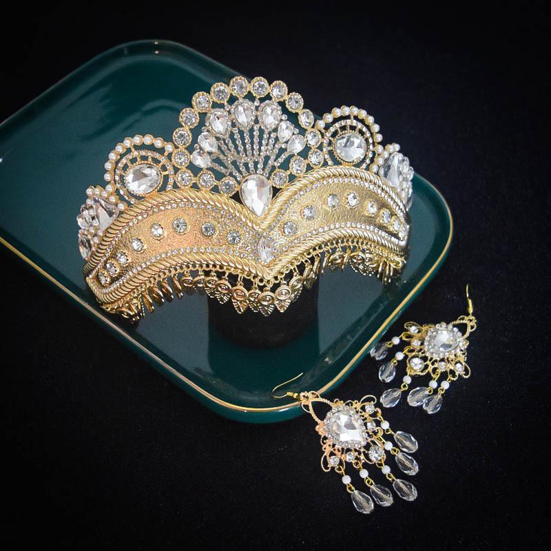 Ethnic Style Dance Luxury Pearl Gold Crown Hollow Design Bridal Wedding Decoration Alloy Crown Earrings
