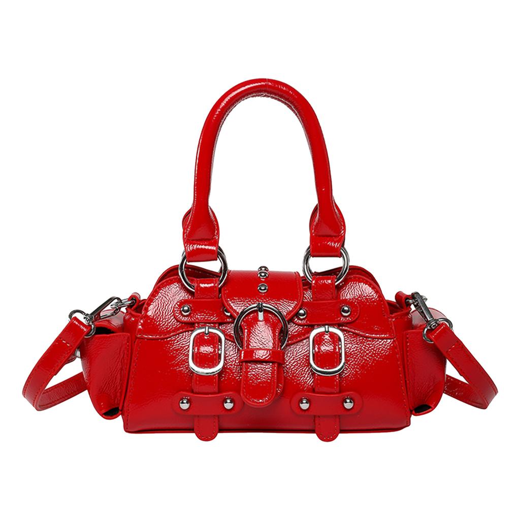 Women Girls PU Leather Y2K Top Handle Bag with Zipper Studded Crossbody Bags Adjustable Strap for Travel Shopping Work Daily Use