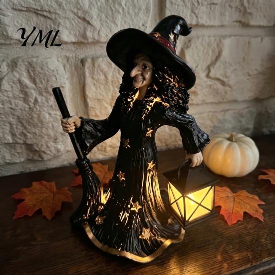 Witch Decoration Lamp 2Pcs Halloween Night Lamp, Holding Lantern Figurine with Resin Statue LED, Glowing for Tabletop Decor Home