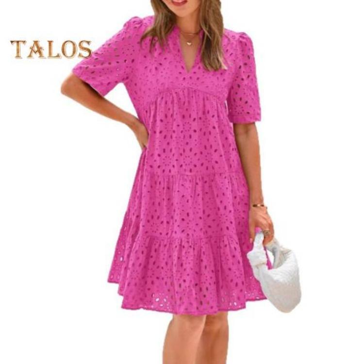 Casual Dresses - Summer Beach Casual Dress Women Hollow Out Eyelet V Neck Short Sleeve Midi Sundress Tiered Flowy A Line
