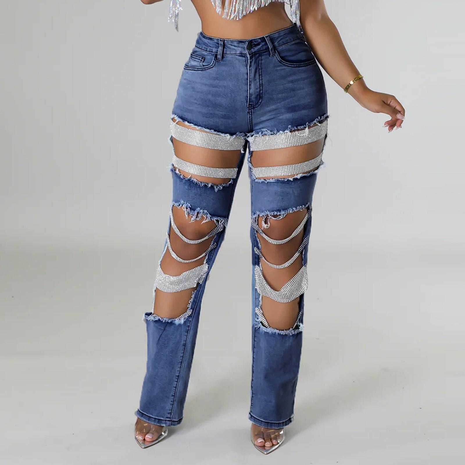 

Сломанные дырки Тяжелая промышленность гвоздь бисер эластичные джинсы брюки для женщин XL