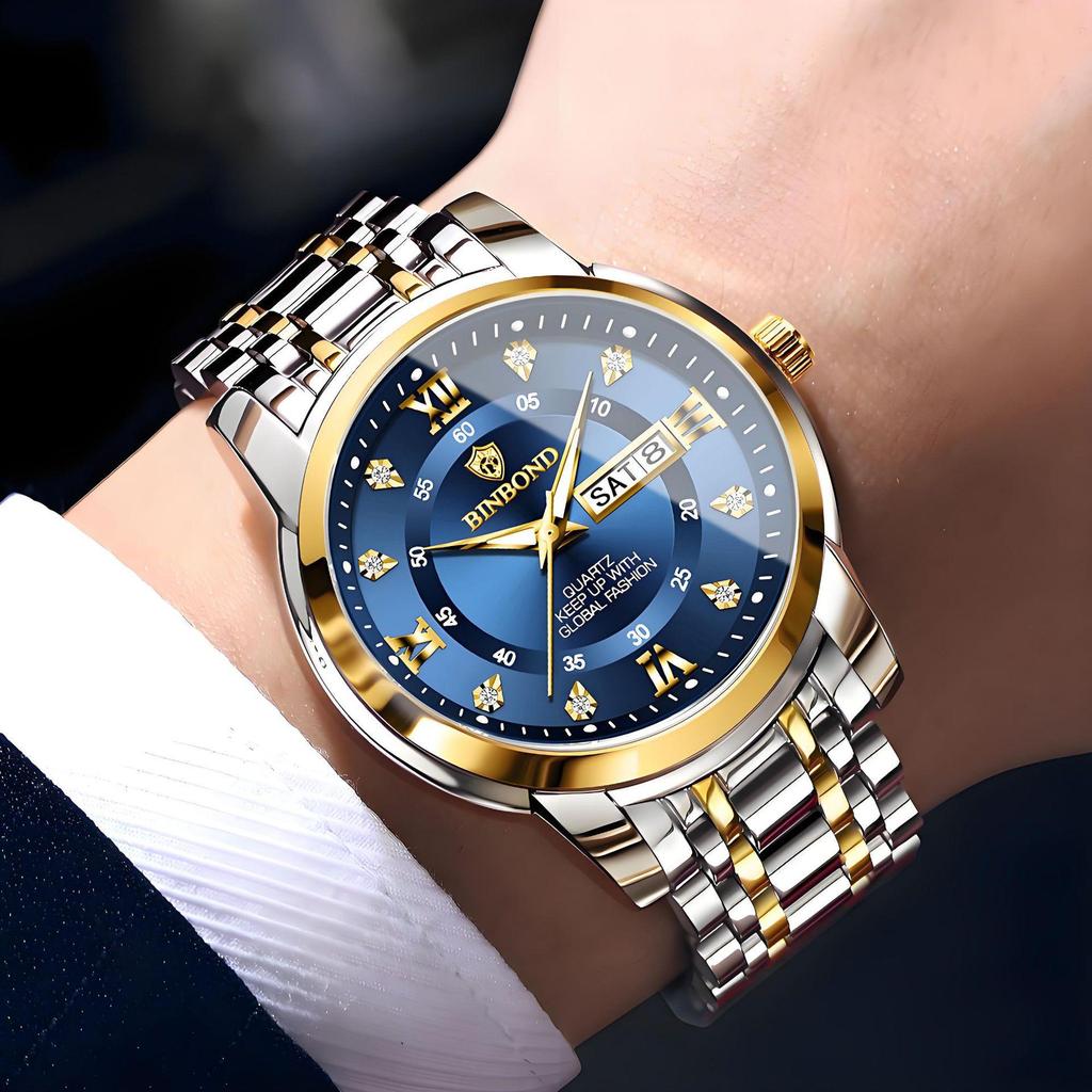 Binbang Men's Waterproof Quartz Watch with Luminous Dial, Rhinestone Accents, Dual Calendar, and Steel Strap.
