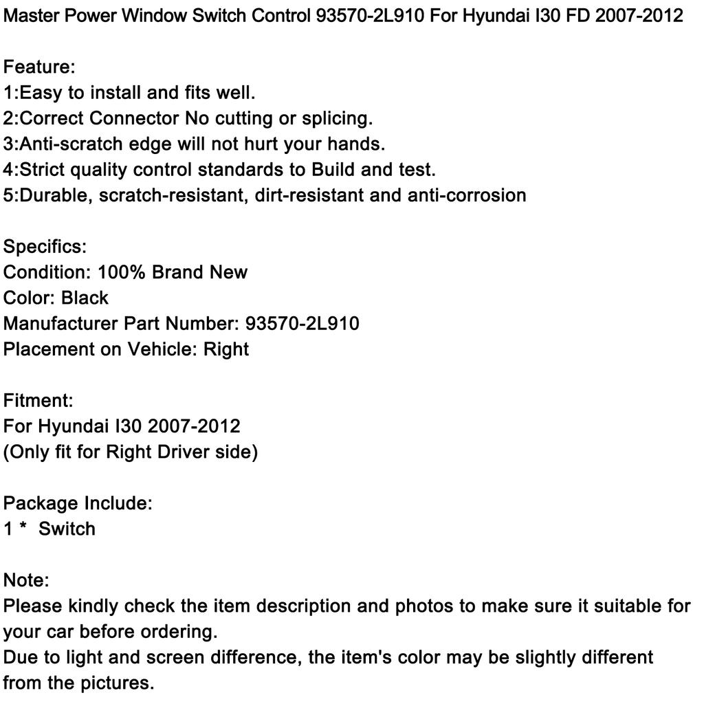 Master Power Window Switch Control 93570-2L910 For Hyundai I30 FD 2007-2012