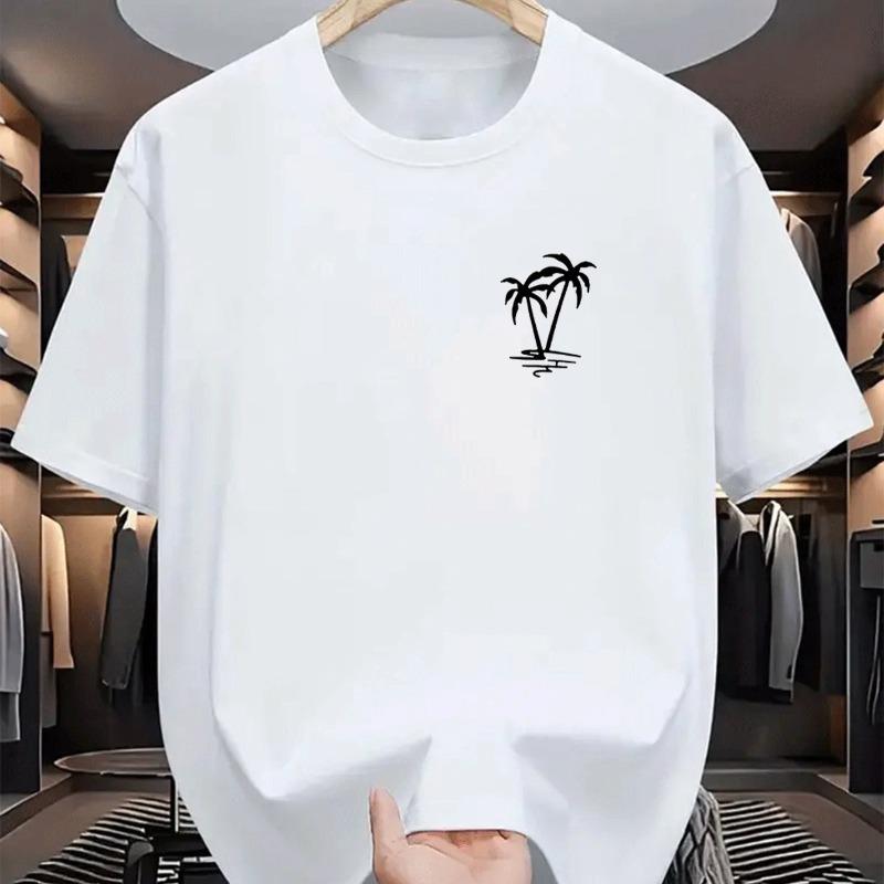 Men's Summer Cotton Fashion Casual Loose Coconut Tree Pattern Printed Sport Round Neck Short Sleeve Street Hip Hop T-Shirt Top