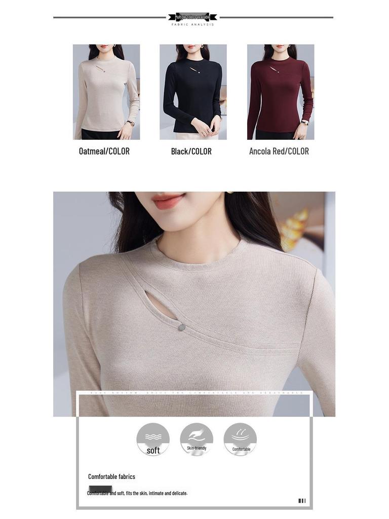 High-Quality Women's Stretch Slimming Long Sleeve Cotton Top – Versatile Fashionable Hollow-Out Design for Spring and Autumn