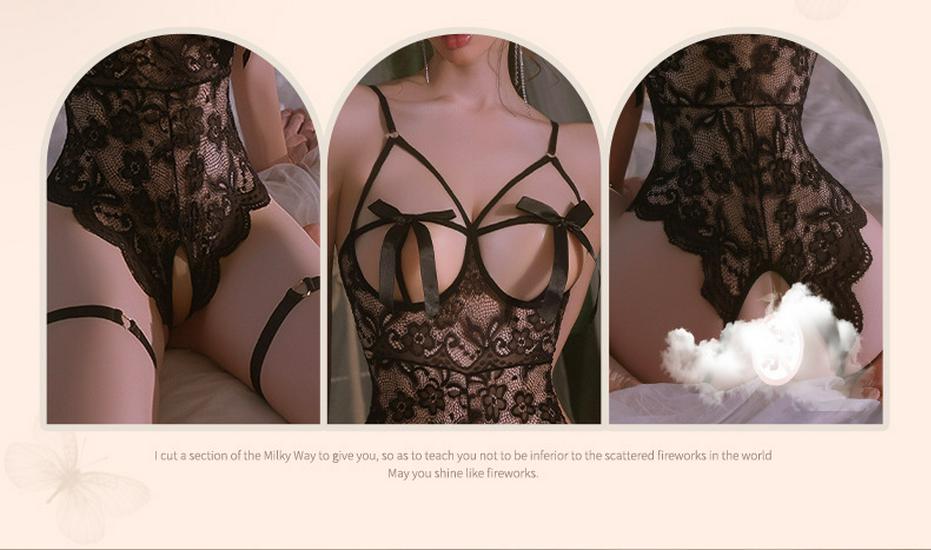 Man Yan Sensual Lace Crotchless Bodysuit with Bowknot - Women's Sexy See-through Cutout Lingerie