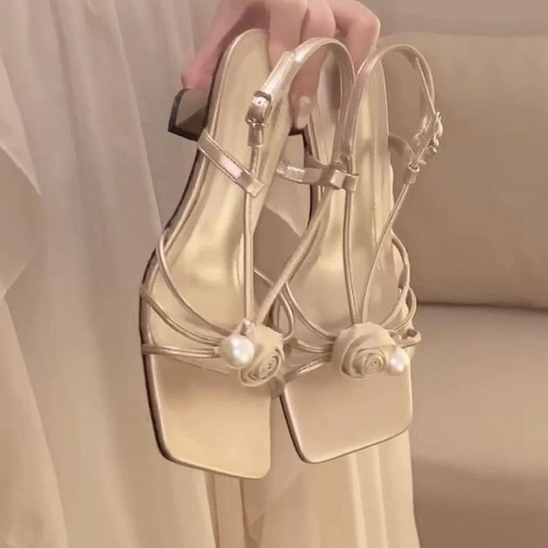 New Party Sandals Women 2025 Female Shoes Buckle Strap Women's Sandals Pearl Floral Square Toe High Heels Shoes Women