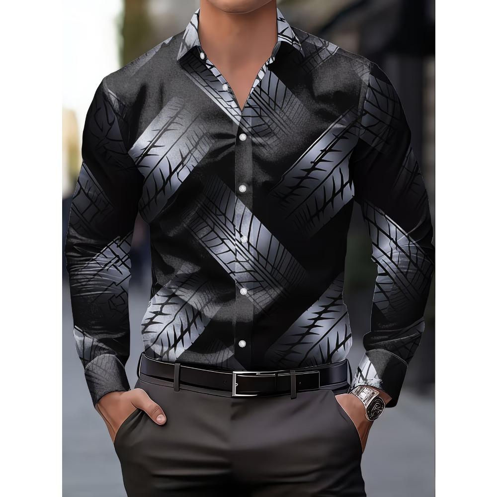 New Purple White Contrasting Geometric Stripe Men's Long Sleeved Shirt, Light Luxury Business Style Casual Shirt