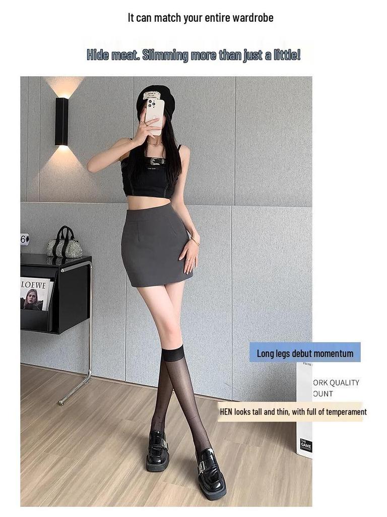 High Waist Grey A-Line Midi Skirt for Women - Petite Fit, Bodycon Style, Summer Wear, Anti-Exposure Design