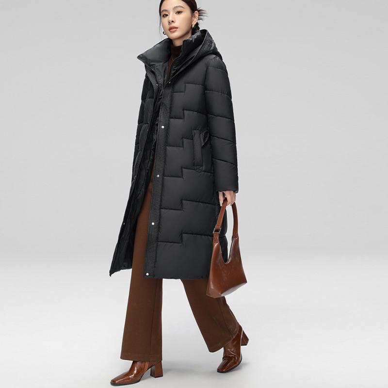 Vinter Dam Lång Dunbomullsjacka med Bälte Tjock Varm Lyxig Slim Huva Parka Kappa