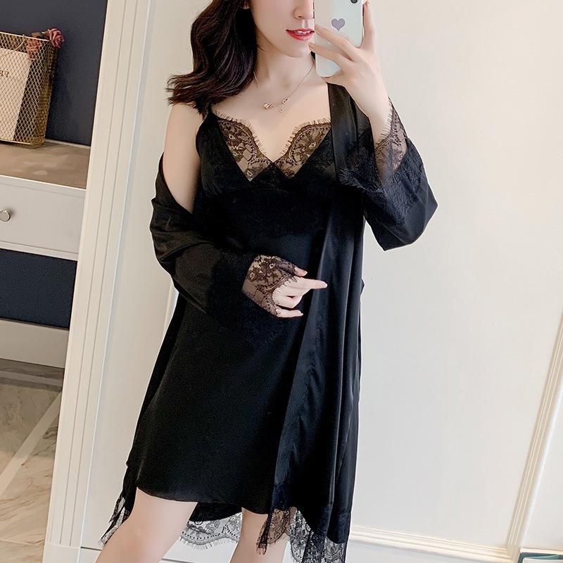 Sexy pajamas women's summer thin Ice Ribbon chest pad lace suspender nightgown nightgown can be worn outside two-piece loungewear