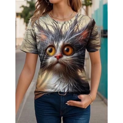 Damen T-Shirt Katzen-Print Sommer Rundhals Kurzarm Mode Lässig Übergroße T-Shirts
