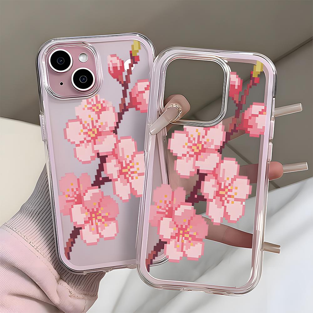 Pink Pixel Cherry Blossom Phone Case For iPhone 17 16 15 14 13 12 11 Pro Max Air 14 Plus 2 In 1 Candy Color Clear Silicone Cover