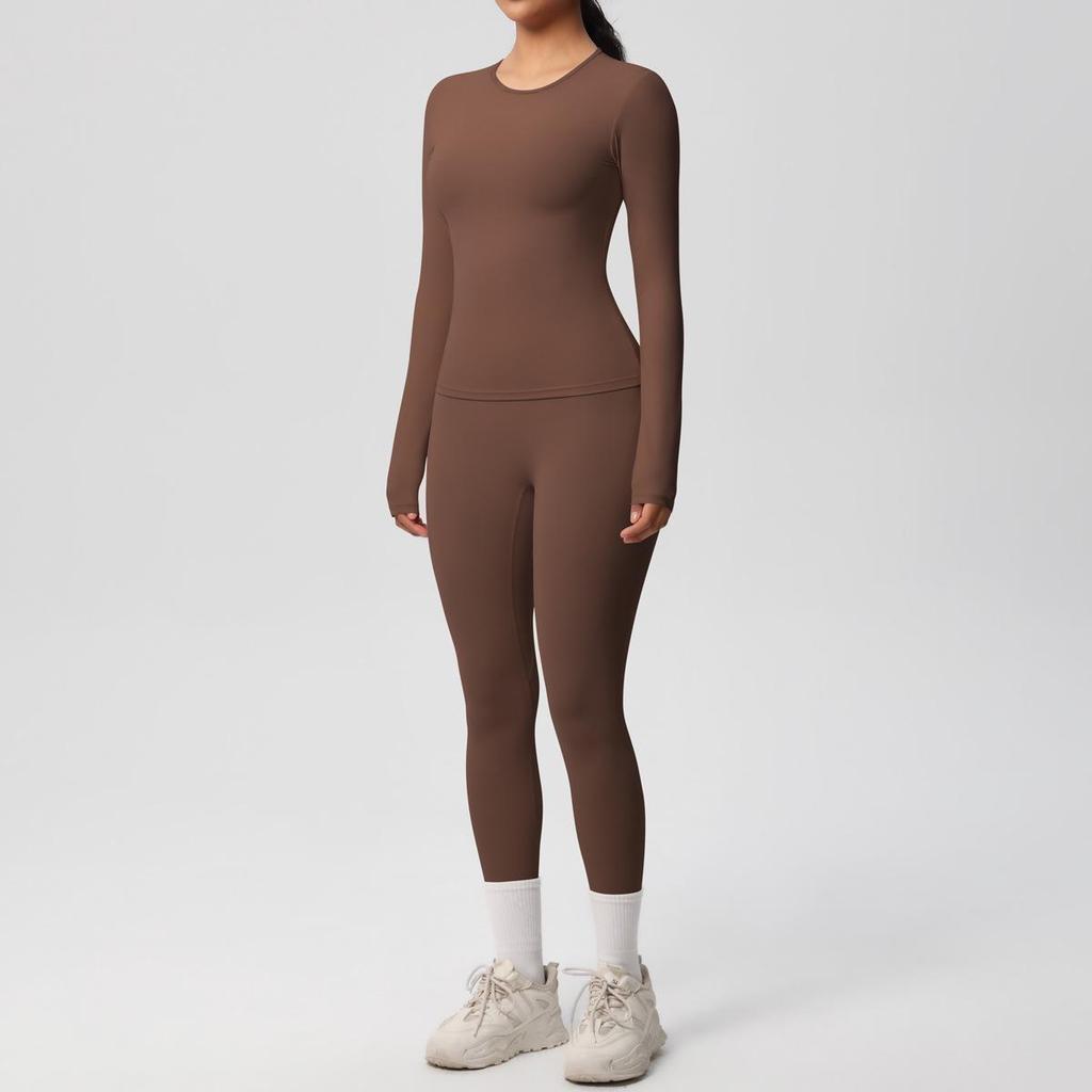 Dual-Sided Solid Color Long-Sleeve Yoga and Running Set - Two-Piece Fitness Outfit